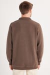 Erkek Standart Fit Pamuklu Selanik Kumaş Yarım Fermuarlı Polo Yaka Baskılı Tütün Rengi Sweatshirt