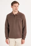Erkek Standart Fit Pamuklu Selanik Kumaş Yarım Fermuarlı Polo Yaka Baskılı Tütün Rengi Sweatshirt