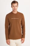 Erkek Standart Fit Pamuklu Bisiklet Yaka Şardonlu Baskılı Kahverengi Sweatshirt 