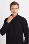 Erkek Slim Fit Dar Kesim Pamuklu Yarım Fermuarlı Dik Yaka Siyah Sweatshirt