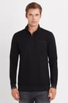 Erkek Slim Fit Dar Kesim Pamuklu Yarım Fermuarlı Dik Yaka Siyah Sweatshirt