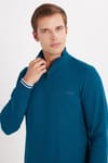 Erkek Slim Fit Dar Kesim Pamuklu Yarım Fermuarlı Dik Yaka Petrol Sweatshirt