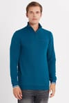 Erkek Slim Fit Dar Kesim Pamuklu Yarım Fermuarlı Dik Yaka Petrol Sweatshirt