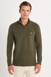 Erkek Slim Fit Dar Kesim Pamuklu Yarım Fermuarlı Haki Dik Yaka Sweatshirt