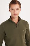 Erkek Slim Fit Dar Kesim Pamuklu Yarım Fermuarlı Haki Dik Yaka Sweatshirt