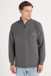 Erkek Slim Fit Dar Kesim Pamuklu Selanik Kumaş Yarım Fermuarlı Antrasit Dik Yaka Sweatshirt