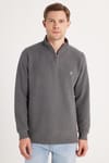 Erkek Slim Fit Dar Kesim Pamuklu Selanik Kumaş Yarım Fermuarlı Antrasit Dik Yaka Sweatshirt