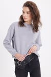 Kadın Oversize Geniş Kesim Pamuklu Bisiklet Yaka Gri Sweatshirt