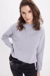 Kadın Oversize Geniş Kesim Pamuklu Bisiklet Yaka Gri Sweatshirt