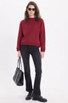 Kadın Oversize Geniş Kesim Pamuklu Bisiklet Yaka Bordo Sweatshirt