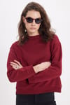 Kadın Oversize Geniş Kesim Pamuklu Bisiklet Yaka Bordo Sweatshirt