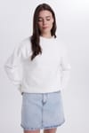 Kadın Oversize Geniş Kesim Pamuklu Bisiklet Yaka Ekru Sweatshirt
