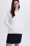 Kadın Relax Fit Rahat Kesim Pamuklu Kapüşonlu Kanguru Cepli Ekru Sweatshirt