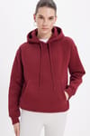 Kadın Oversize Geniş Kesim Pamuklu Yumuşak Dokulu İçi Polarlı Basic Bordo Kapüşonlu Sweatshirt