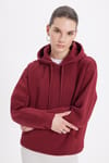 Kadın Oversize Geniş Kesim Pamuklu Yumuşak Dokulu İçi Polarlı Basic Bordo Kapüşonlu Sweatshirt