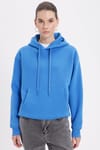 Kadın Oversize Geniş Kesim Pamuklu Yumuşak Dokulu İçi Polarlı Basic Mavi Kapüşonlu Sweatshirt