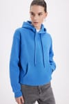 Kadın Oversize Geniş Kesim Pamuklu Yumuşak Dokulu İçi Polarlı Basic Mavi Kapüşonlu Sweatshirt