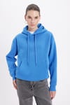 Kadın Oversize Geniş Kesim Pamuklu Yumuşak Dokulu İçi Polarlı Basic Mavi Kapüşonlu Sweatshirt