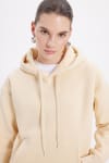 Kadın Oversize Geniş Kesim Pamuklu Yumuşak Dokulu İçi Polarlı Basic Bej Kapüşonlu Sweatshirt