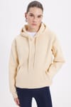 Kadın Oversize Geniş Kesim Pamuklu Yumuşak Dokulu İçi Polarlı Basic Bej Kapüşonlu Sweatshirt