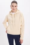 Kadın Oversize Geniş Kesim Pamuklu Yumuşak Dokulu İçi Polarlı Basic Bej Kapüşonlu Sweatshirt