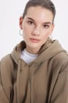 Kadın Oversize Geniş Kesim Pamuklu Yumuşak Dokulu İçi Polarlı Basic Yeşil Kapüşonlu Sweatshirt