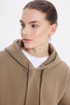 Kadın Oversize Geniş Kesim Pamuklu Yumuşak Dokulu İçi Polarlı Basic Yeşil Kapüşonlu Sweatshirt