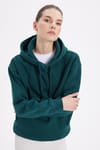 Kadın Oversize Geniş Kesim Pamuklu Yumuşak Dokulu İçi Polarlı Basic Yeşil Kapüşonlu Sweatshirt
