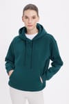 Kadın Oversize Geniş Kesim Pamuklu Yumuşak Dokulu İçi Polarlı Basic Yeşil Kapüşonlu Sweatshirt