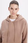 Kadın Oversize Geniş Kesim Pamuklu Yumuşak Dokulu İçi Polarlı Basic Vizon Kapüşonlu Sweatshirt