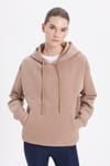 Kadın Oversize Geniş Kesim Pamuklu Yumuşak Dokulu İçi Polarlı Basic Vizon Kapüşonlu Sweatshirt