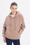 Kadın Oversize Geniş Kesim Pamuklu Yumuşak Dokulu İçi Polarlı Basic Vizon Kapüşonlu Sweatshirt
