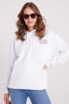 Kadın Oversize Geniş Kesim Pamuklu Yumuşak Dokulu İçi Polarlı Baskılı Beyaz Kapüşonlu Sweatshirt