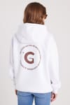 Kadın Oversize Geniş Kesim Pamuklu Yumuşak Dokulu İçi Polarlı Baskılı Beyaz Kapüşonlu Sweatshirt