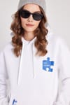 Kadın Oversize Geniş Kesim Pamuklu Yumuşak Dokulu İçi Polarlı Baskılı Beyaz Kapüşonlu Sweatshirt