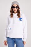 Kadın Oversize Geniş Kesim Pamuklu Yumuşak Dokulu İçi Polarlı Baskılı Beyaz Kapüşonlu Sweatshirt