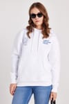 Kadın Oversize Geniş Kesim Pamuklu Yumuşak Dokulu İçi Polarlı Baskılı Beyaz Kapüşonlu Sweatshirt