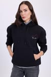 Kadın Oversize Geniş Kesim Pamuklu Yumuşak Dokulu İçi Polarlı Baskılı Siyah Kapüşonlu Sweatshirt