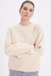 Kadın Oversize Geniş Kesim Pamuklu Yumuşak Dokulu İçi Polarlı Basic Bej Bisiklet Yaka Sweatshirt