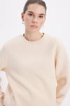 Kadın Oversize Geniş Kesim Pamuklu Yumuşak Dokulu İçi Polarlı Basic Bej Bisiklet Yaka Sweatshirt