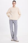 Kadın Oversize Geniş Kesim Pamuklu Yumuşak Dokulu İçi Polarlı Basic Bej Bisiklet Yaka Sweatshirt