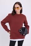 Kadın Oversize Geniş Kesim Pamuklu Yumuşak Dokulu İçi Polarlı Basic Kiremit Bisiklet Yaka Sweatshirt