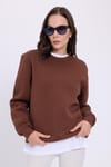 Kadın Oversize Geniş Kesim Pamuklu Yumuşak Dokulu İçi Polarlı Basic Kahverengi Bisiklet Yaka Sweatshirt