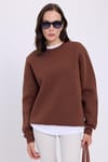 Kadın Oversize Geniş Kesim Pamuklu Yumuşak Dokulu İçi Polarlı Basic Kahverengi Bisiklet Yaka Sweatshirt
