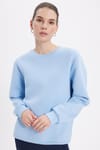 Kadın Oversize Geniş Kesim Pamuklu Yumuşak Dokulu İçi Polarlı Basic Mavi Bisiklet Yaka Sweatshirt