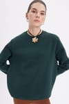 Kadın Oversize Geniş Kesim Pamuklu Yumuşak Dokulu İçi Polarlı Basic Yeşil Bisiklet Yaka Sweatshirt