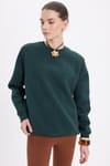 Kadın Oversize Geniş Kesim Pamuklu Yumuşak Dokulu İçi Polarlı Basic Yeşil Bisiklet Yaka Sweatshirt