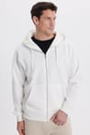 Unisex Relax Fit Rahat Kesim Pamuklu İçi Polarlı Çift Cepli Tam Fermuarlı Beyaz Kapüşonlu Sweatshirt