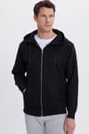 Unisex Relax Fit Rahat Kesim Pamuklu İçi Polarlı Çift Cepli Tam Fermuarlı Siyah Kapüşonlu Sweatshirt