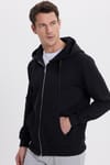 Unisex Relax Fit Rahat Kesim Pamuklu İçi Polarlı Çift Cepli Tam Fermuarlı Siyah Kapüşonlu Sweatshirt